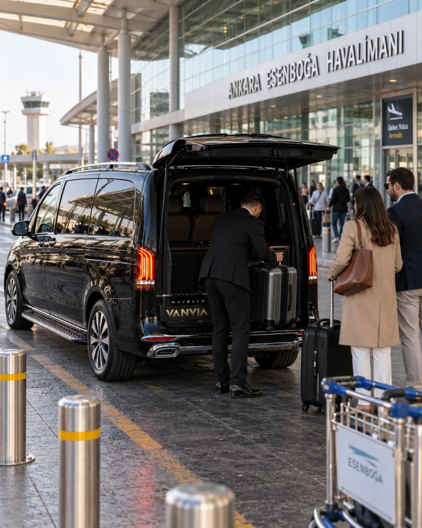 In front of the Ankara Esenboğa Airport (ESB) terminal, a driver loads two suitcases through the open rear of a black Vanvia VIP transfer vehicle, with the terminal signage, the control tower, and a couple waiting with their luggage visible in the background