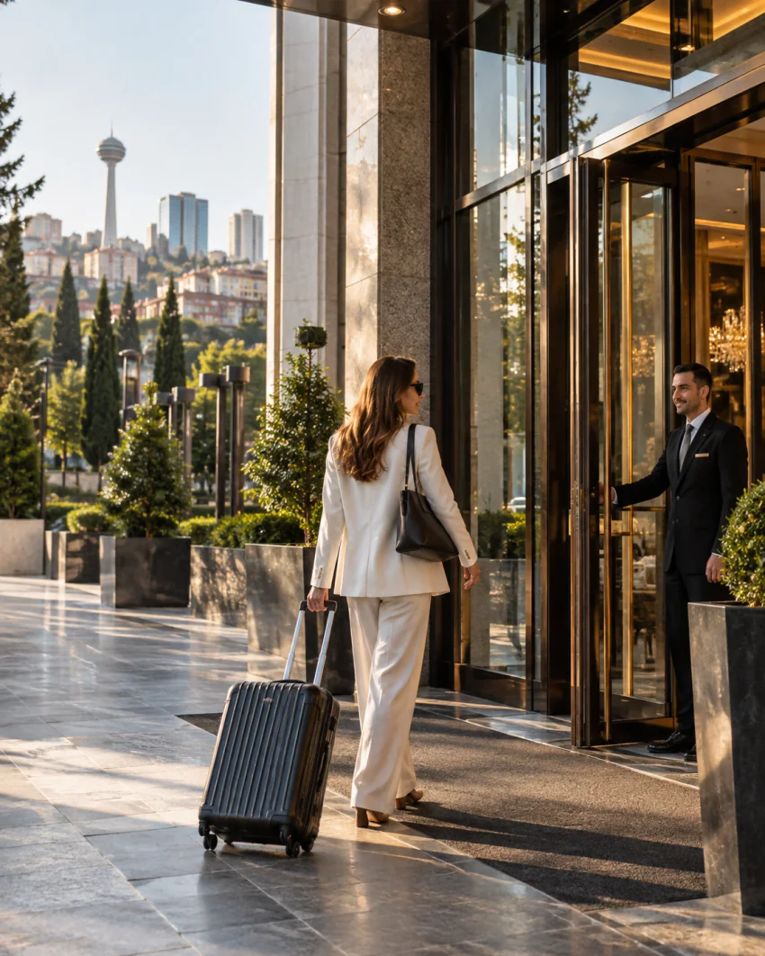 A woman with a suitcase walks toward a hotel entrance in Ankara, where a staff member opens the door; Atakule tower is visible on a distant hill in the background; no hotel name is visible, no vehicle present