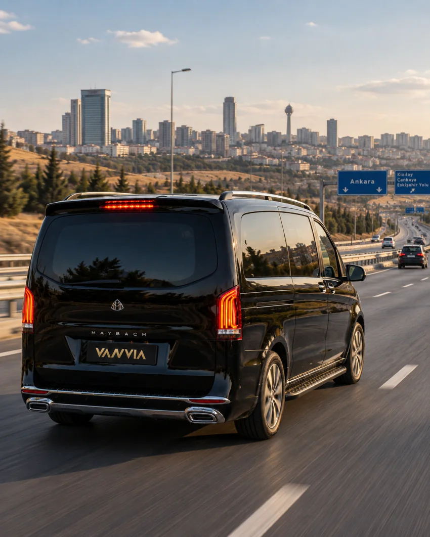 A black Vanvia VIP transfer vehicle travels along a multi-lane highway with Ankara's city skyline visible in the distance; ordinary directional signs are visible at the roadside