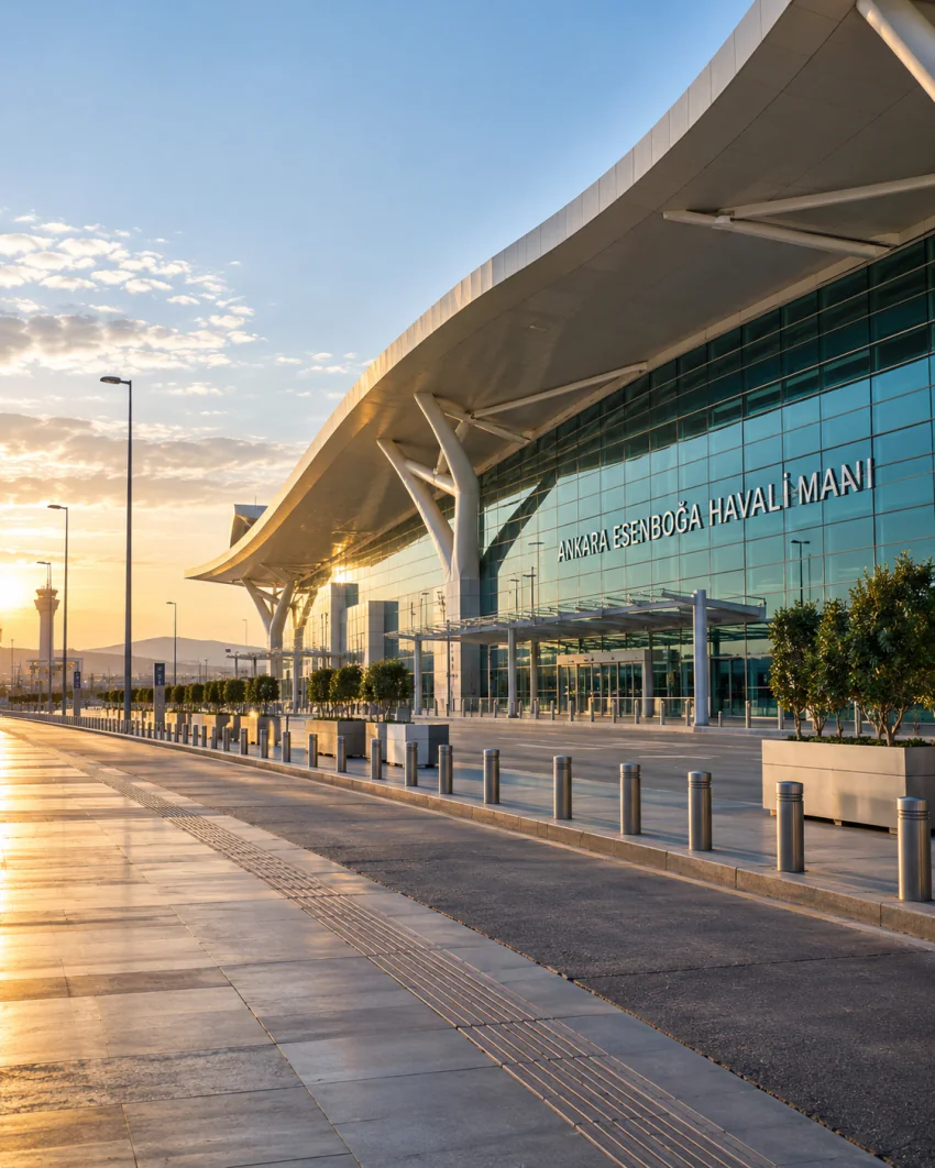 An exterior view of the Ankara Esenboğa Airport (ESB) terminal building at sunrise; the glass facade's airport-name signage is partially obscured by a structural roof support, and the plaza is empty of vehicles