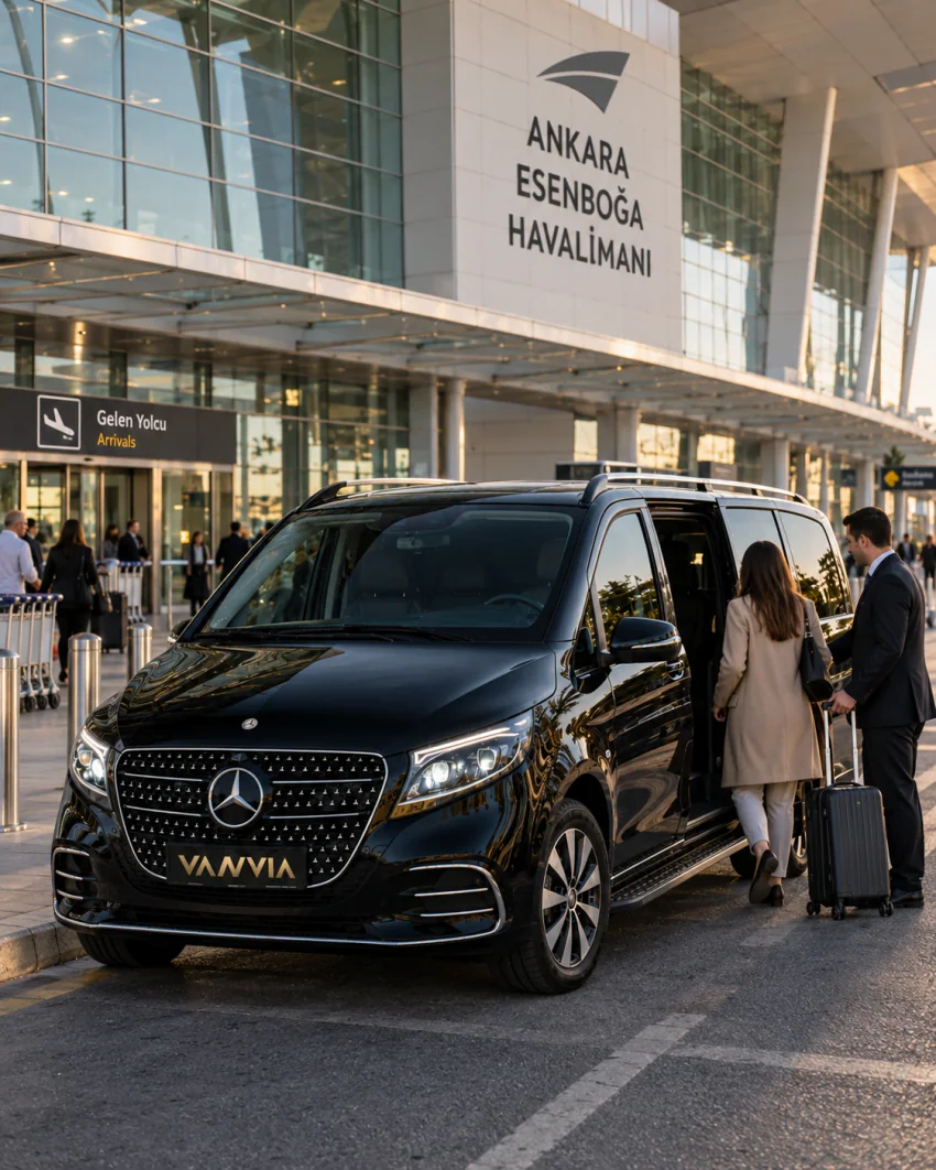 Siyah Vanvia VIP transfer aracı, Ankara Esenboğa Havalimanı (ESB) terminalinin genel yolcu kaldırımında duruyor; arka planda havalimanı adı ve 'Gelen Yolcu' tabelası okunuyor, bir çift bavullarıyla araca biniyor