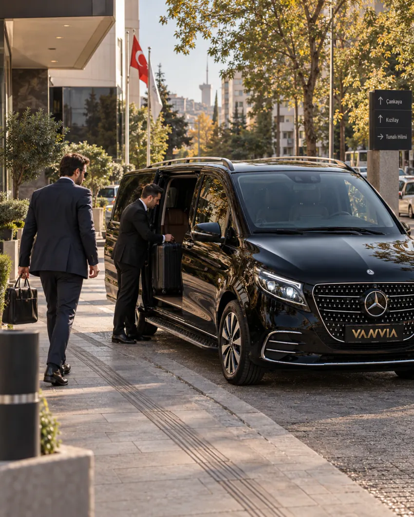 سائق يضع حقيبة عبر الباب الجانبي المفتوح لسيارة Vanvia VIP transfer السوداء بينما يقترب رجل أعمال يحمل حقيبة مستندات؛ تظهر في الخلفية لافتة إرشادية عامة وأفق مدينة أنقرة