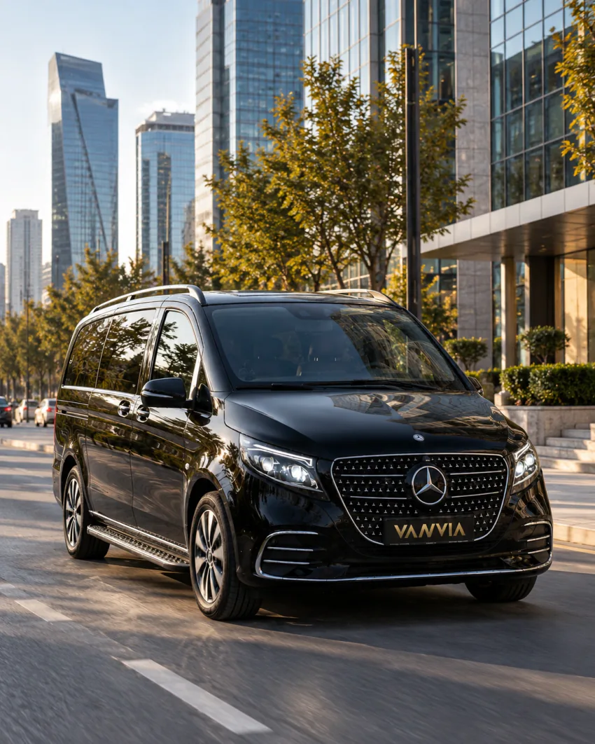 سيارة Vanvia VIP transfer سوداء تسير في شارع بحي أعمال تصطف خلفه أبراج مكاتب حديثة بواجهات زجاجية؛ لا يوحي ذلك بأي ارتباط بشركة أو برج محدد