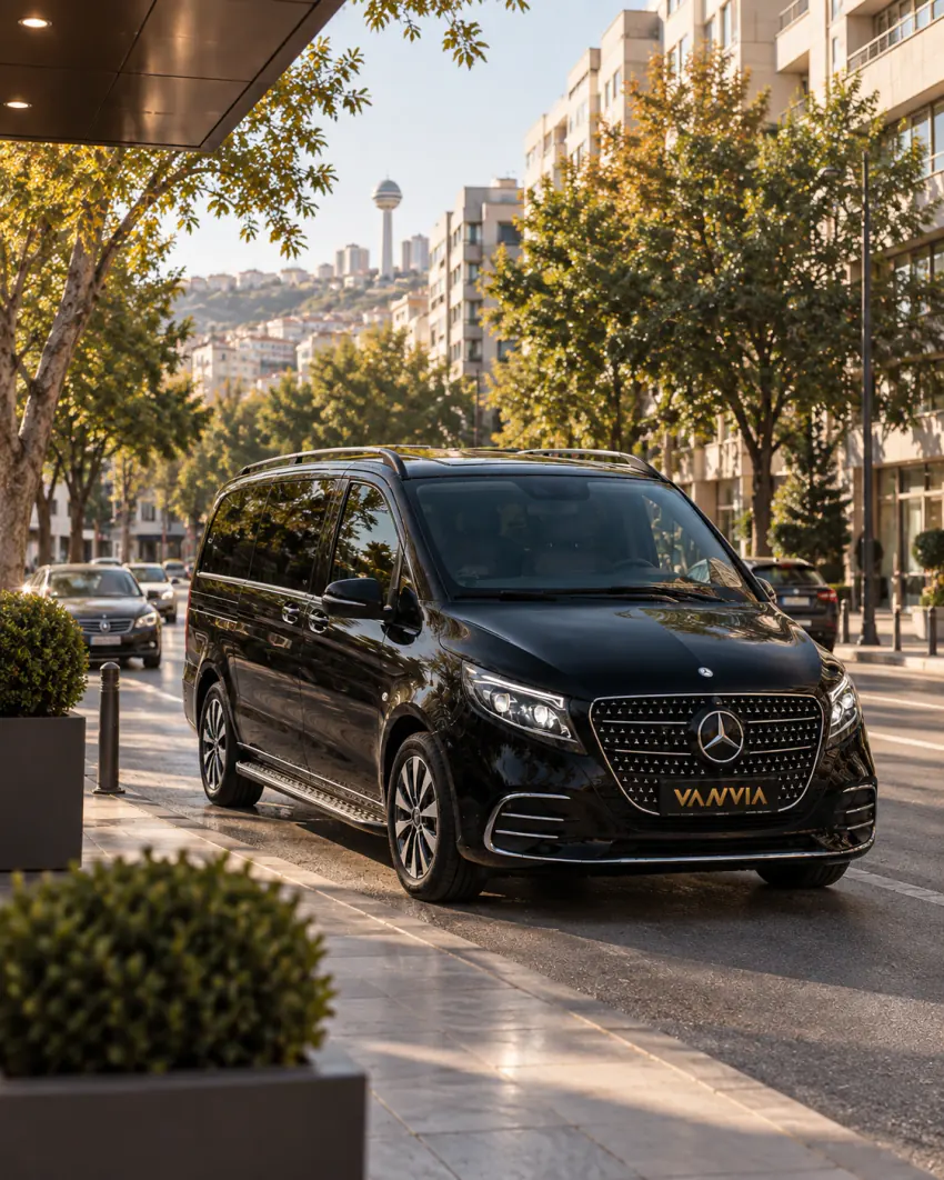 سيارة Vanvia VIP transfer سوداء متوقفة في شارع المدينة أمام مدخل مبنى، ويظهر في الخلفية على تلة بعيدة برج أتاكوله ومبانٍ من المدينة؛ لا يظهر اسم فندق أو لافتة