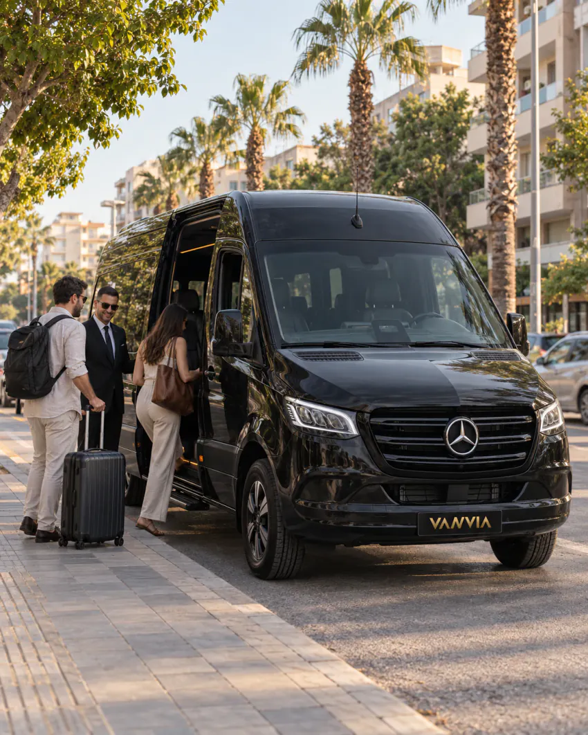 Antalya'da palmiyelerle çevrili geniş bir bulvarın kaldırımı kenarında duran siyah Vanvia VIP transfer aracına altın saat ışığında binen yolcular; şoför açık yan kapının yanında bekliyor, yolculardan biri tekerlekli valizini çekiyor