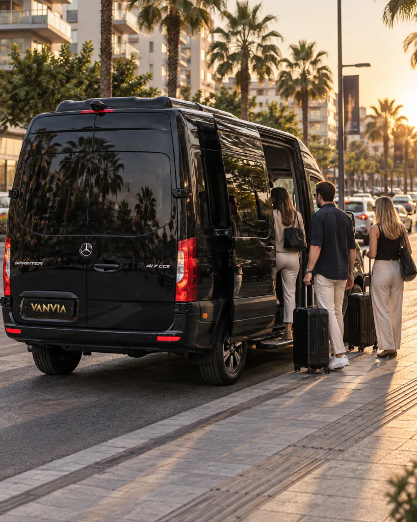 Rückansicht eines schwarzen Vanvia-VIP-Transferfahrzeugs am Straßenrand eines von Palmen gesäumten Boulevards in Antalya bei Sonnenuntergang, während Fahrgäste mit Koffern einsteigen