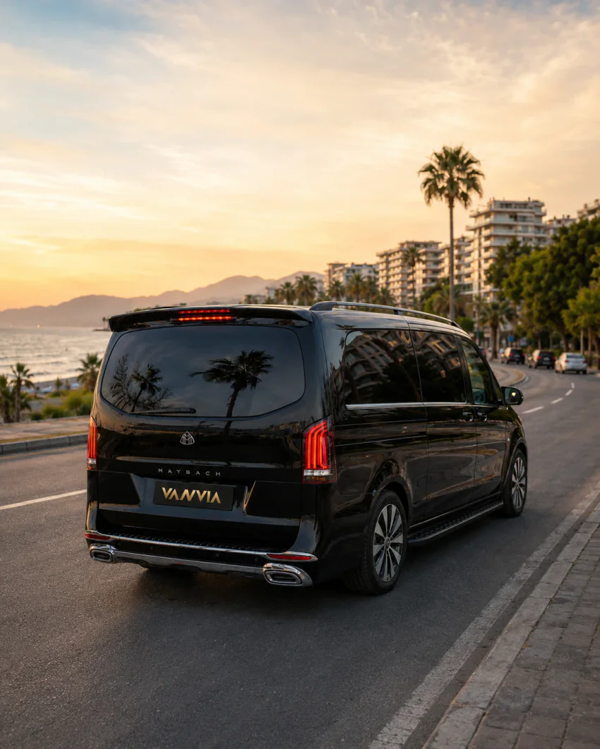 Rückansicht eines schwarzen Vanvia-VIP-Transferfahrzeugs, das in der Dämmerung die von Palmen gesäumte Küstenstraße des Akdeniz-Boulevards in Antalya entlangfährt, dahinter Wohntürme