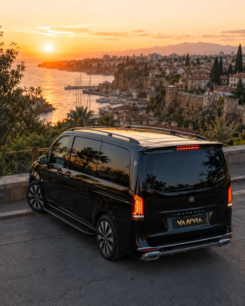 Ein schwarzes Vanvia-VIP-Transferfahrzeug wartet bei Sonnenuntergang auf einem Hügel-Aussichtspunkt, darunter der Blick auf die Mauern von Kaleiçi und den Yachthafen von Antalya