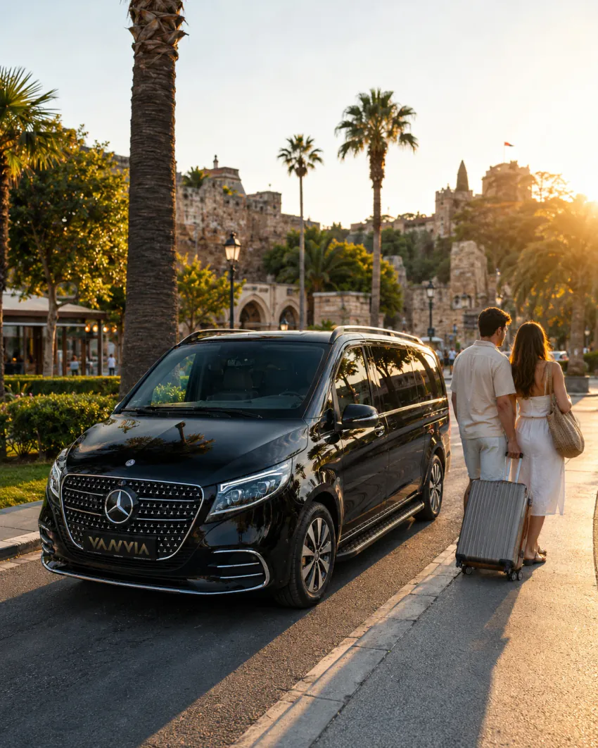 Ein schwarzes Vanvia-VIP-Transferfahrzeug steht bei Sonnenuntergang vor den historischen Mauern von Kaleiçi in Antalya, ein Paar geht mit seinem Koffer auf die Mauern zu
