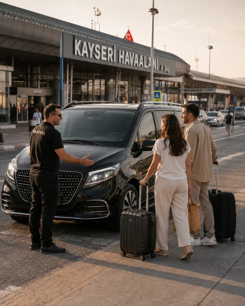 ASR terminalinin önünde bir Vanvia şoförü, iki bavulu siyah Vanvia VIP transfer aracının bagaj bölümüne yüklüyor