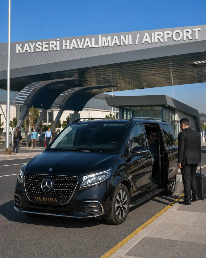 ASR terminalinin önündeki kamuya açık kaldırımda bir Vanvia şoförü, bavullarıyla gelen bir çifte kapı açıyor