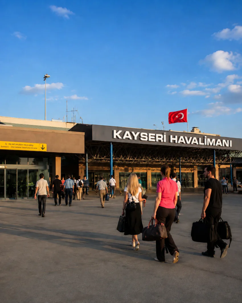 Kayseri Havalimanı (ASR) terminal binası önünde yürüyen bavullu yolcular, gün batımına yakın altın ışıkta; hiçbir Vanvia aracı görünmüyor