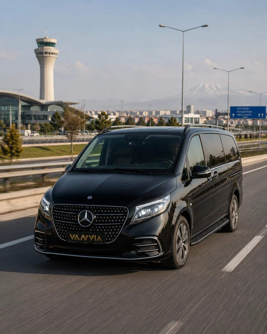 Bir Vanvia VIP transfer aracı, arka planda bir terminal binası ve uzak bir coğrafi referans noktası olarak karla kaplı bir dağ silueti görülen açık bir kamu yolunda Kayseri yönünde ilerliyor