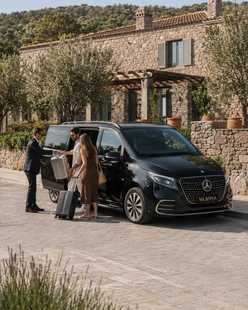 Ansicht eines schwarzen Vanvia-VIP-Transferfahrzeugs vor einem generischen steinernen ägäischen Gästehaus, der Fahrer nimmt Koffer entgegen, während ein Paar aussteigt, in der Nähe sind Olivenbäume und eine Pergola zu sehen