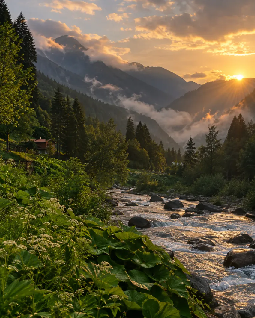 A valley at sunset: the sun dropping behind mountain ridges above a river running over a boulder bed, green vegetation in the foreground and a single wooden house on the slope; no vehicle is in frame