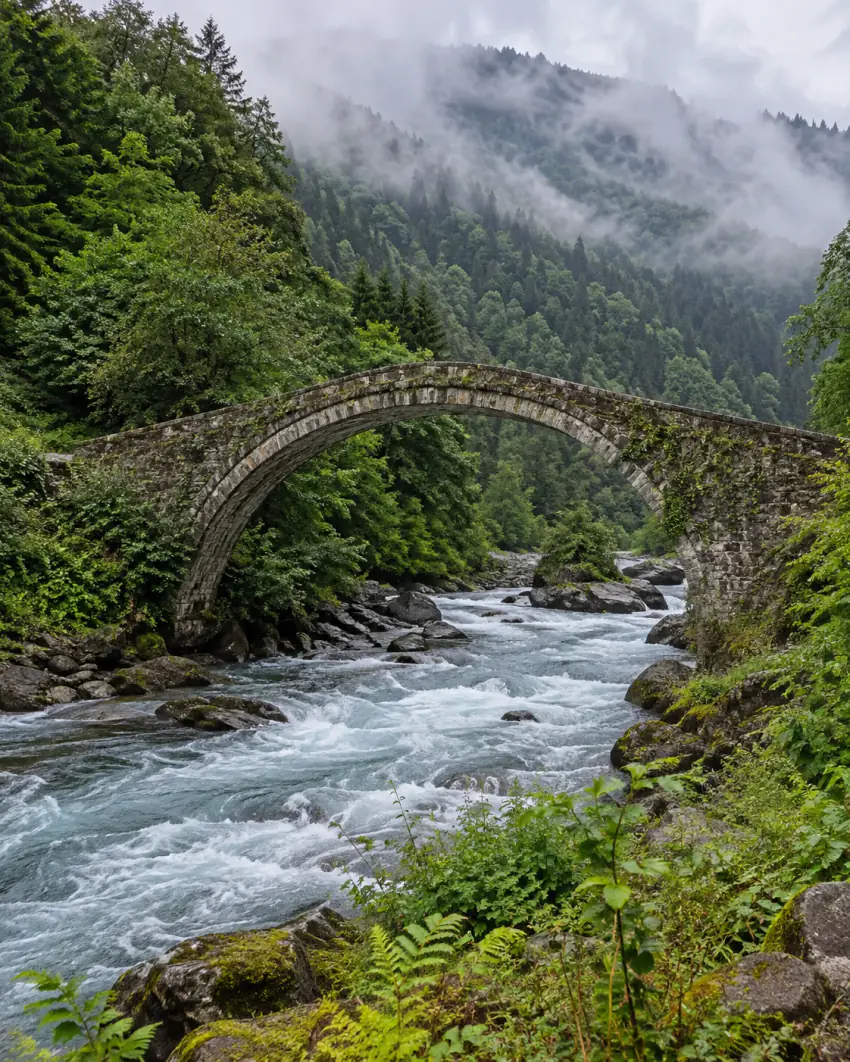 A single-span stone arch bridge crossing a white-water mountain river, surrounded by dense green vegetation and mist-covered forested slopes; no vehicle is in frame