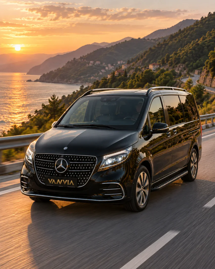 سيارة Vanvia VIP transfer تسير على طريق ساحلي مفتوح في ضوء أواخر النهار، والبحر عن يسارها ومنحدر حرجي عن يمينها