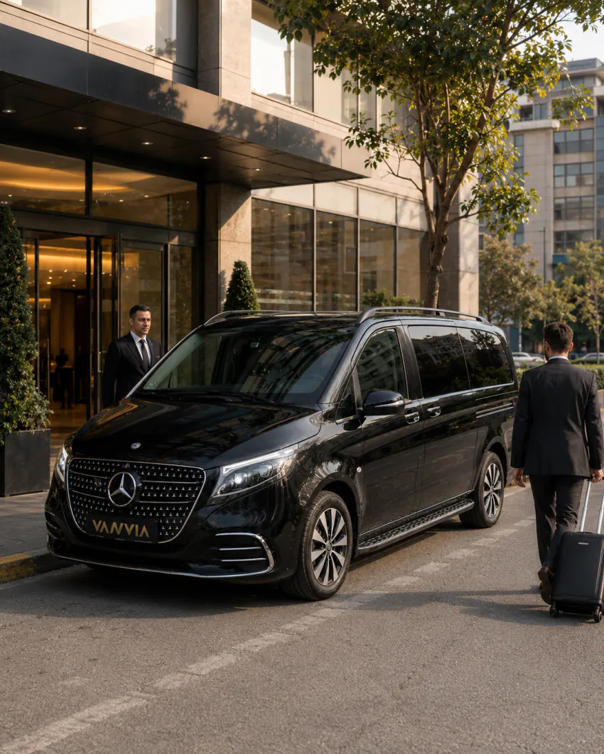 Ein Mercedes-Benz Vito VIP wartet am Hoteleingang in Aydın während eines eintägigen Geschäftsbesuchs