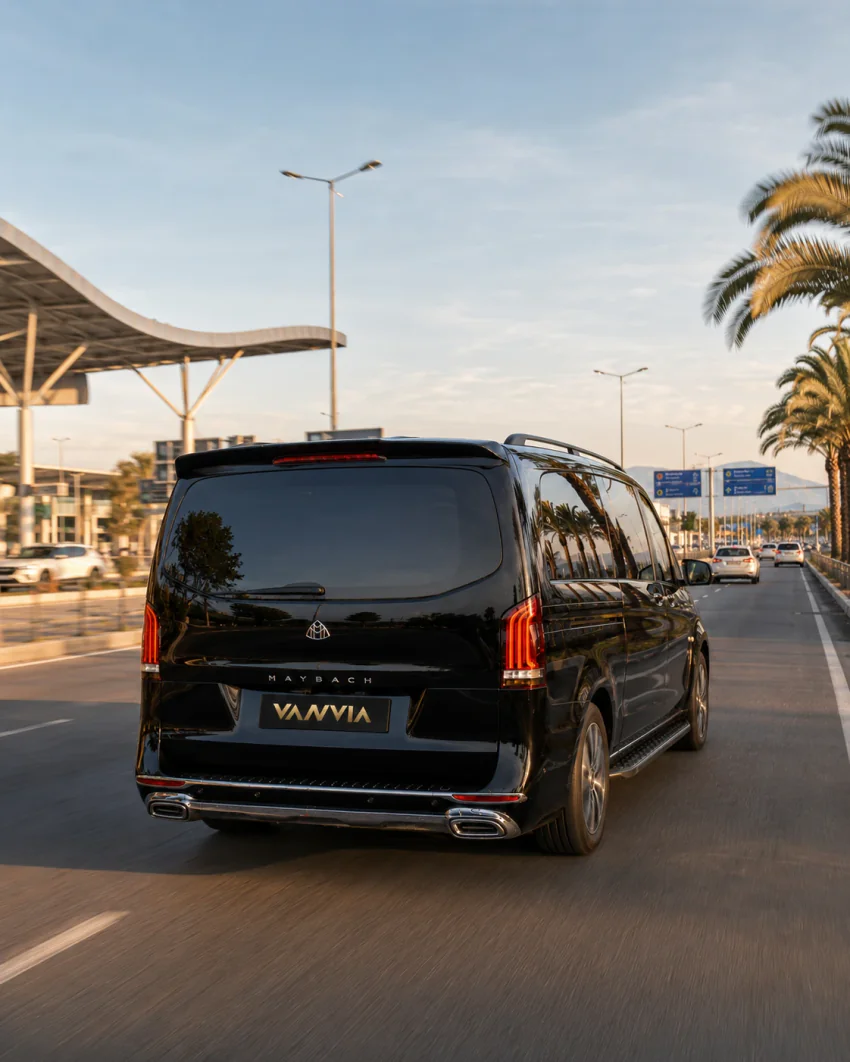 منظر من الخلف لسيارة نقل VIP سوداء من فانفيا تغادر مطار أنطاليا على طريق متعدد المسارات في ضوء الساعة الذهبية، وخلفها مبنى الصالة وأشجار النخيل