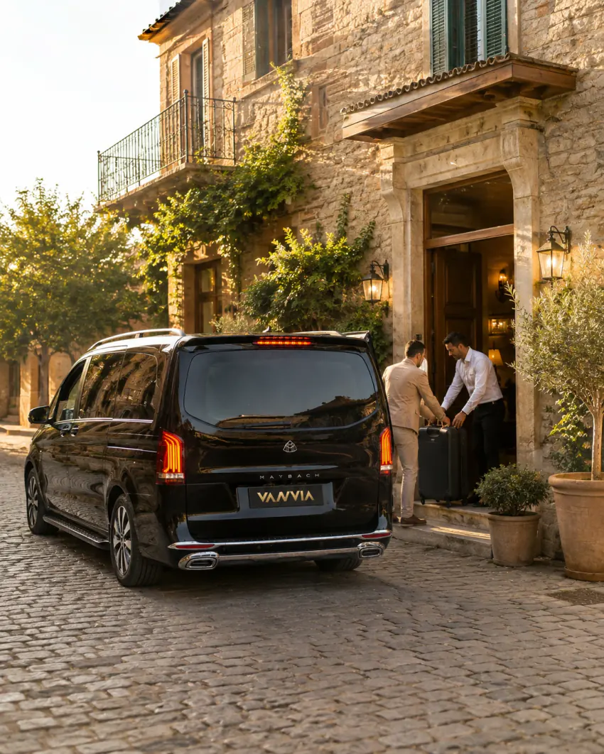 A black Vanvia VIP transfer vehicle parked on the cobblestone street outside a stone-built boutique hotel in Ayvalık, with the driver handing off a suitcase to hotel staff at the doorway in sunset light
