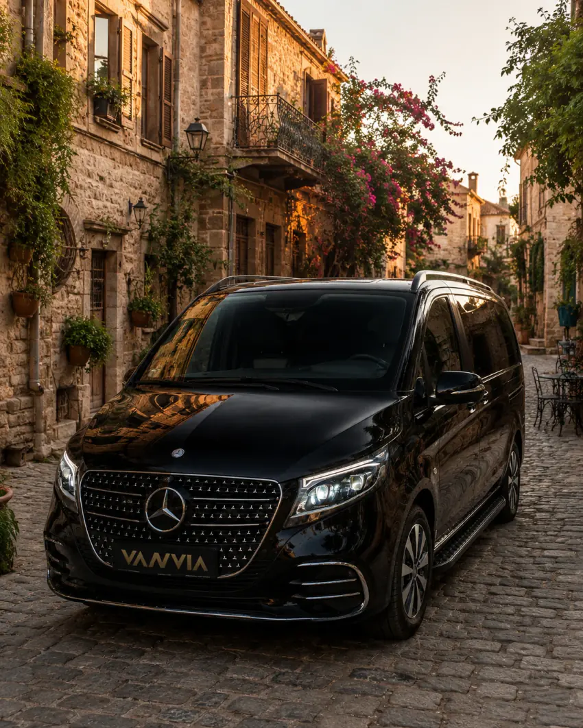 The front three-quarter view of a black Vanvia VIP transfer vehicle parked on a narrow cobblestone street in Ayvalık's Old Bazaar, flanked by stone buildings, iron balconies and purple bougainvillea in sunset light