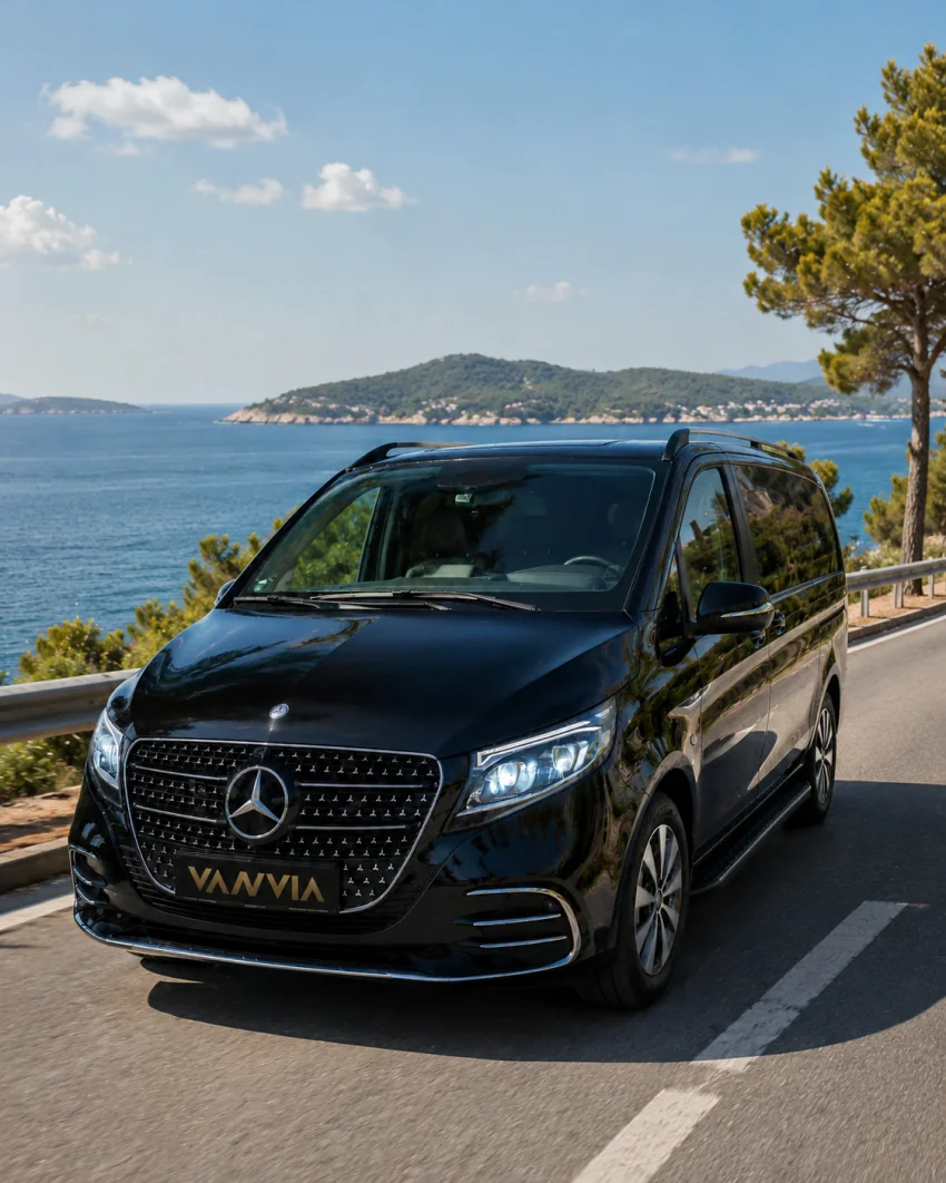 The front view of a black Vanvia VIP transfer vehicle driving along a coastal road toward Ayvalık in daylight, with the sea and a wooded peninsula visible alongside and a pine tree at the roadside