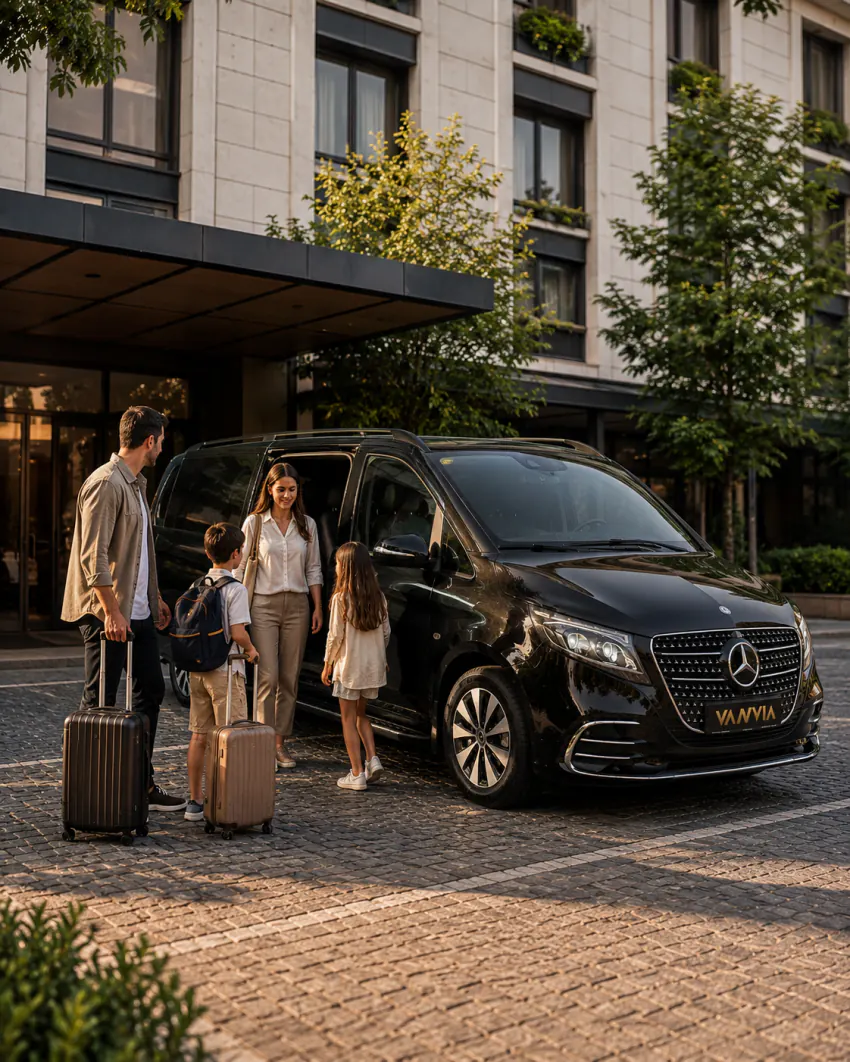 Ein Mercedes-Benz Vito VIP empfängt eine Familie mit Kindern am Hoteleingang in Balıkesir