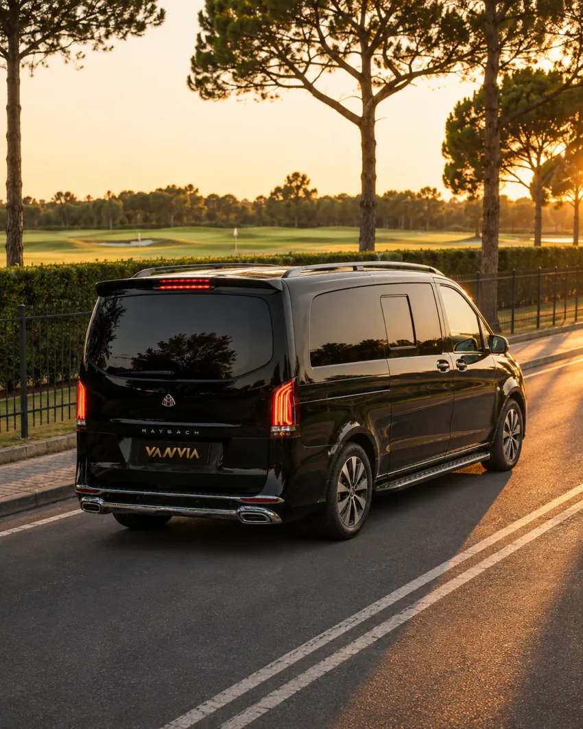 Belek'te bir golf sahasının kenarındaki genel yolda çitle ayrılmış çim saha eşliğinde gün batımında ilerleyen siyah Vanvia VIP transfer aracının arka görünümü