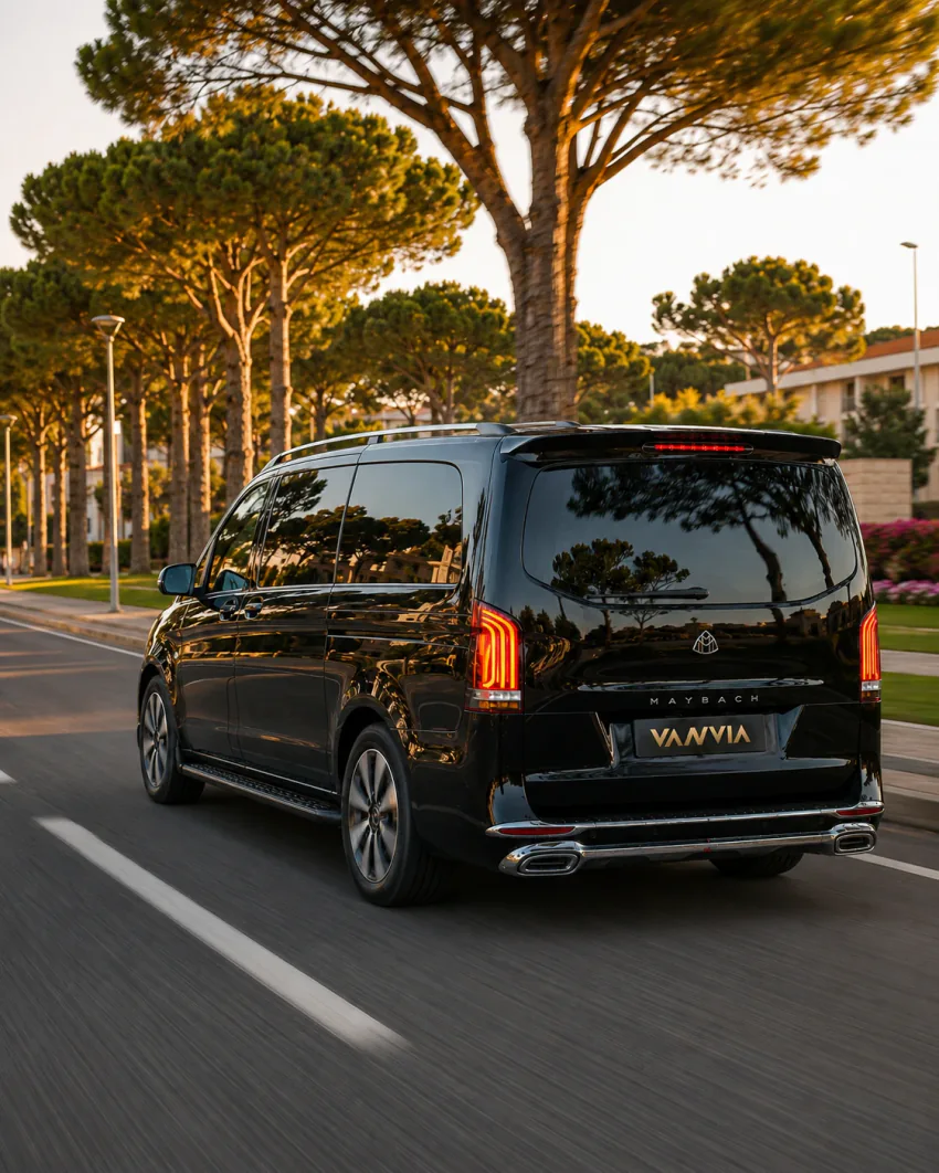 Belek resort bölgesinde çam ağaçlı bir yolda altın ışıkta ilerleyen siyah Vanvia VIP transfer aracının arka görünümü, arka planda resort binaları