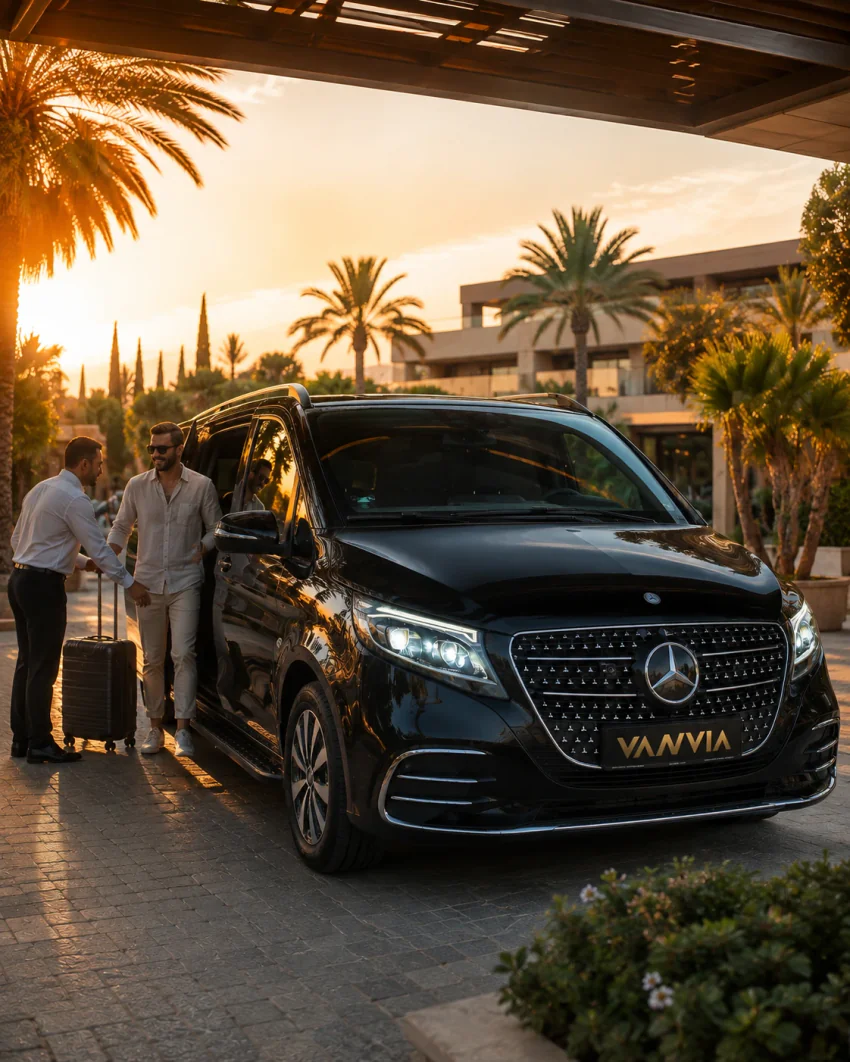 Belek'te bir resort otelin girişinde gün batımında şoförün bavulu teslim aldığı çift ve önde bekleyen siyah Vanvia VIP transfer aracı