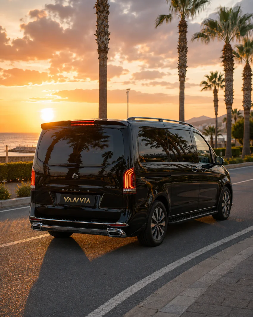 Belek sahil şeridinde palmiye ağaçları ve denizin görüldüğü yolda gün batımında duran siyah Vanvia VIP transfer aracının arka görünümü