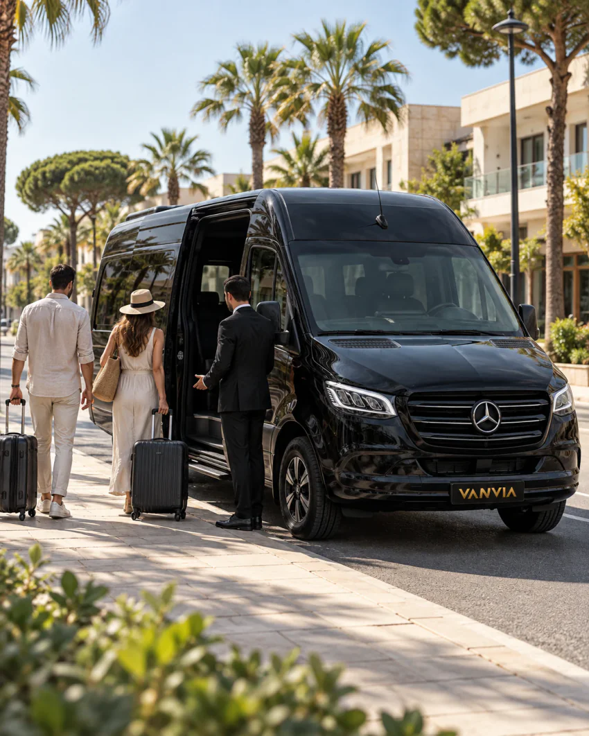 Belek'te palmiyeler ve fıstık çamlarıyla çevrili düz bir bulvarda, arkada modern alçak binalar varken kaldırım kenarında duran siyah Vanvia VIP transfer aracına binen yolcular; şoför açık yan kapının yanında bekliyor