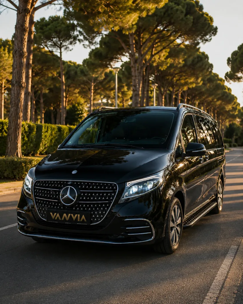 Belek çevresinde çam ağaçlarıyla kaplı bir yolda altın ışıkta ilerleyen siyah Vanvia VIP transfer aracının ön görünümü