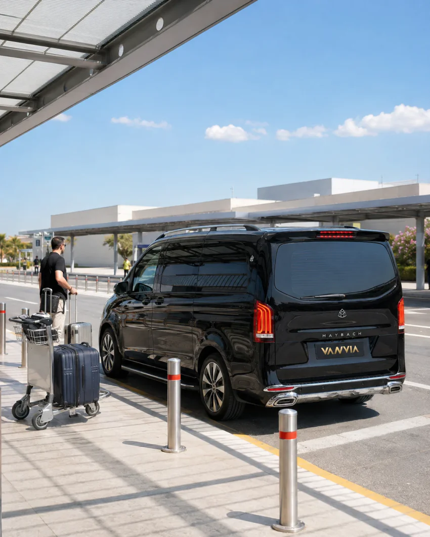 A passenger walking with a luggage trolley toward a black Vanvia VIP transfer vehicle at Milas-Bodrum Airport