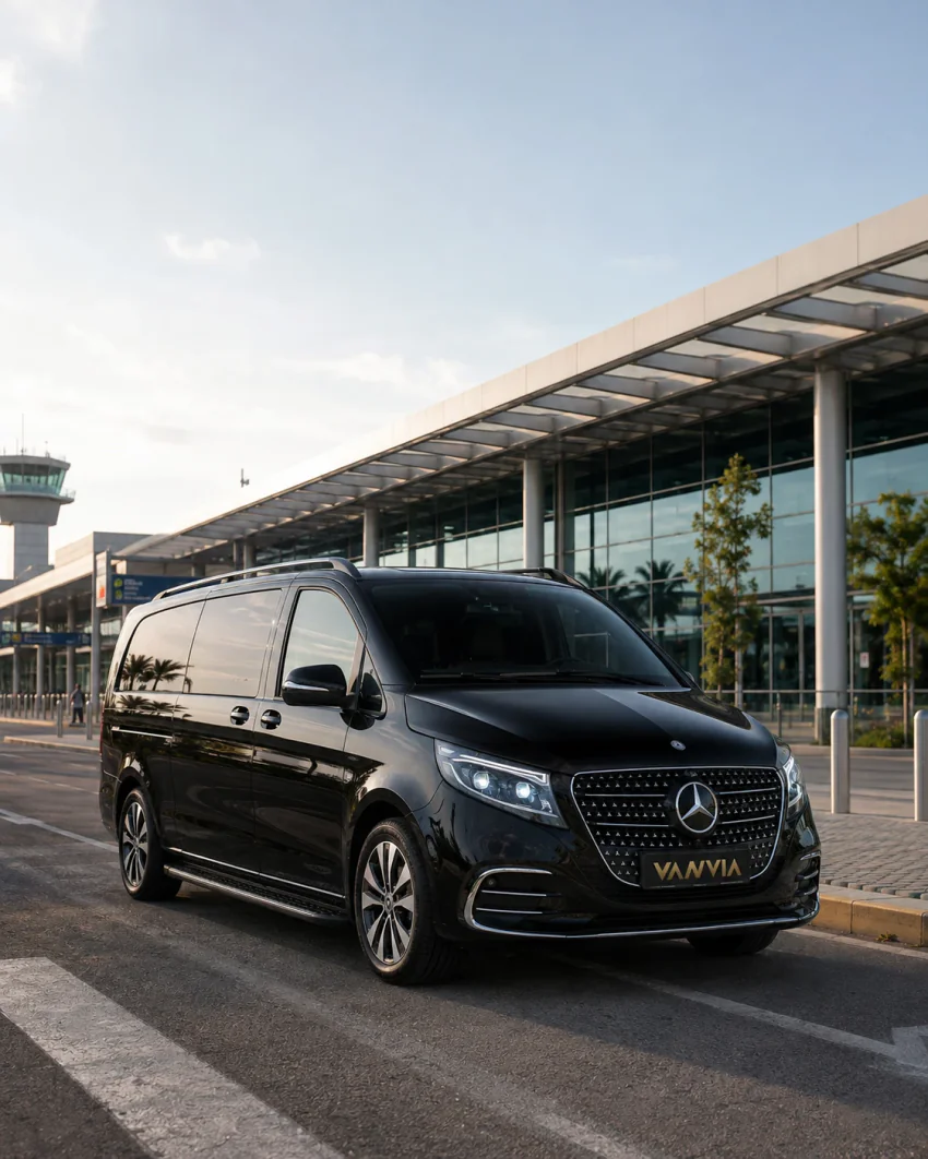 A black Vanvia VIP transfer vehicle driving toward Milas-Bodrum Airport with the control tower in view
