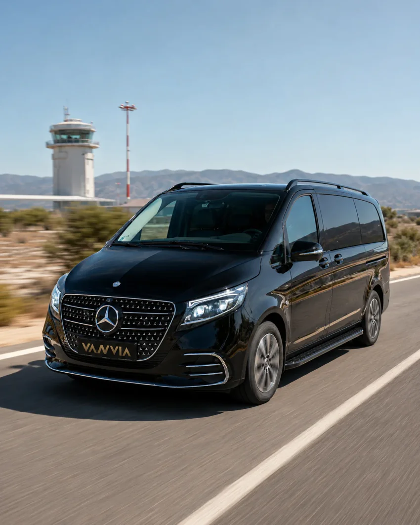 A black Vanvia VIP transfer vehicle heading out from Milas-Bodrum Airport toward the peninsula