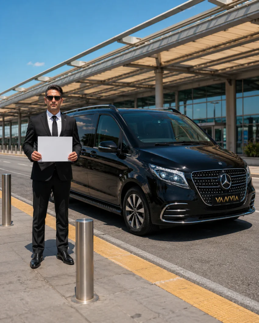 A Vanvia driver waiting at the Milas-Bodrum Airport arrivals exit with a name sign, a black VIP transfer vehicle behind him