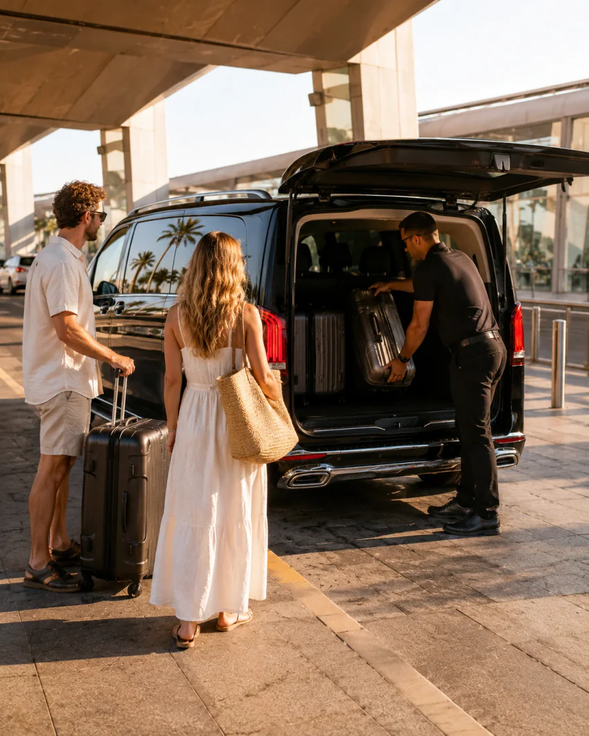 A driver loading suitcases into the open trunk of a black Vanvia VIP transfer vehicle outside the airport, by day