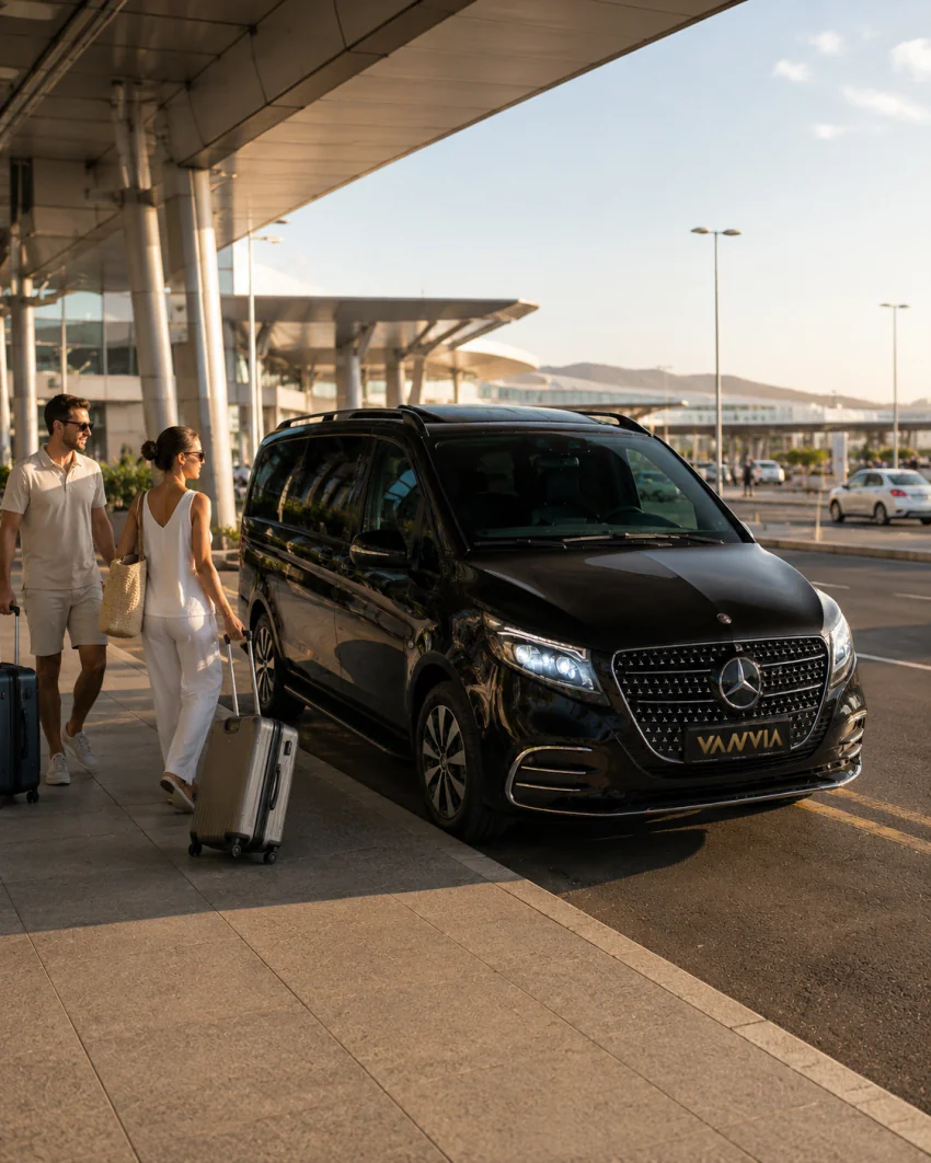 Black Vanvia VIP transfer vehicle at Milas-Bodrum Airport for the Bodrum airport transfer guide