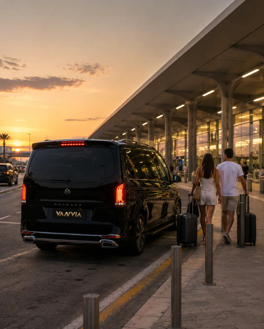 A black Vanvia VIP transfer vehicle parked outside the airport terminal at sunset, with passengers walking toward the terminal with their luggage