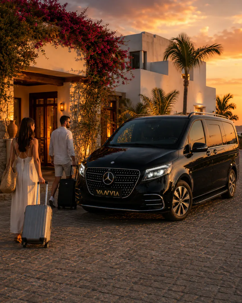 Guests walking with their suitcases toward the entrance of a whitewashed, bougainvillea-covered Bodrum villa at dusk, with a black Vanvia VIP transfer vehicle waiting in front