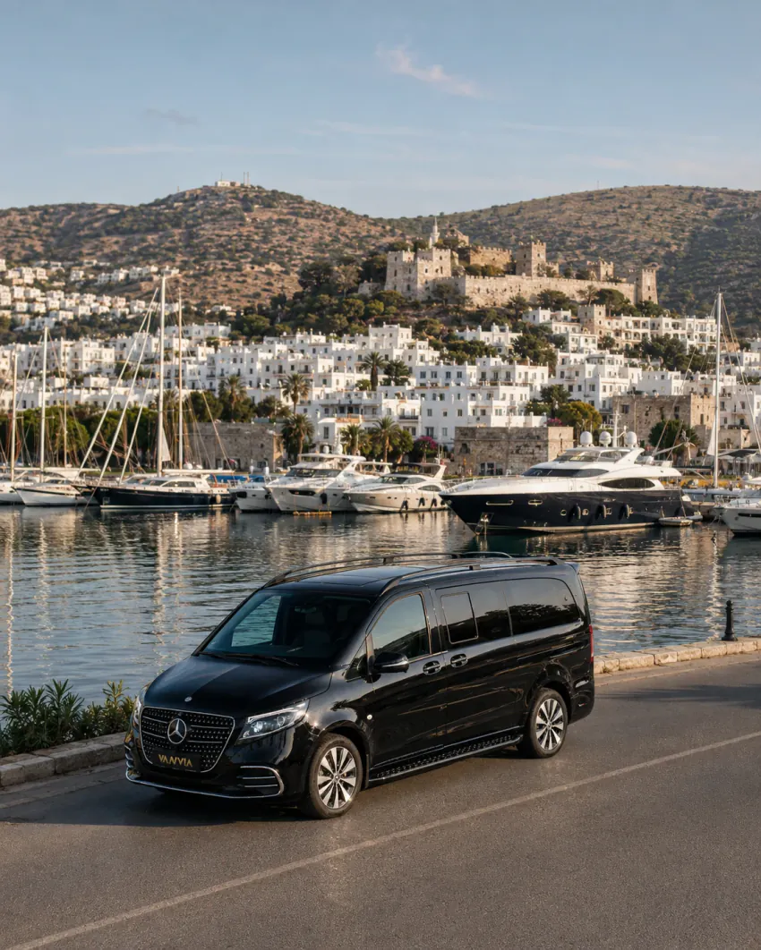 A black Vanvia VIP transfer vehicle at the roadside in front of the Bodrum marina yachts and whitewashed houses
