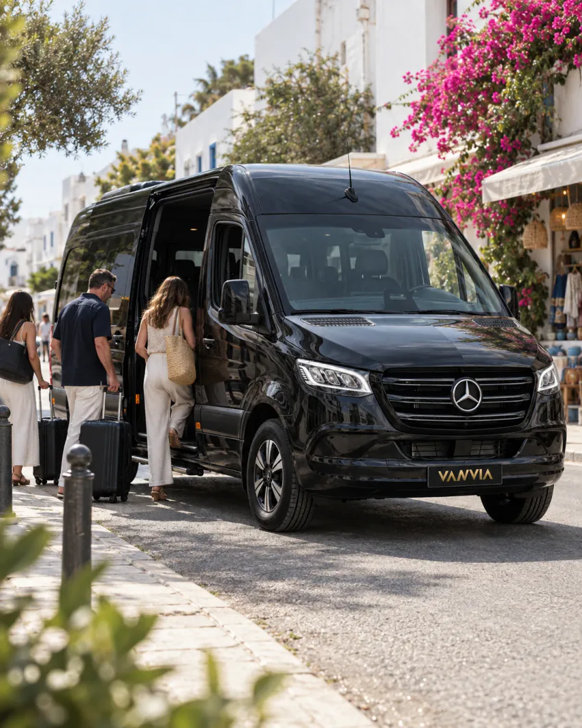 Passengers boarding a black Vanvia VIP transfer vehicle with their wheeled suitcases at a kerb beneath bougainvillea, in front of whitewashed street houses in Bodrum
