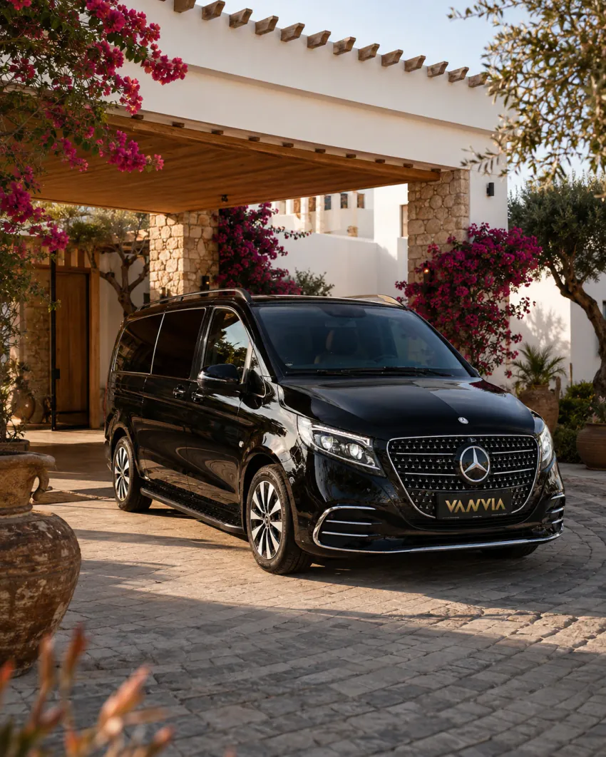 A black Vanvia VIP transfer vehicle waiting at sunset at a private Bodrum villa entrance with bougainvillea and stone pillars