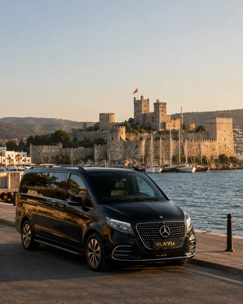 A black Vanvia VIP transfer vehicle waiting on the waterfront at golden hour, with Bodrum Castle and the marina behind it