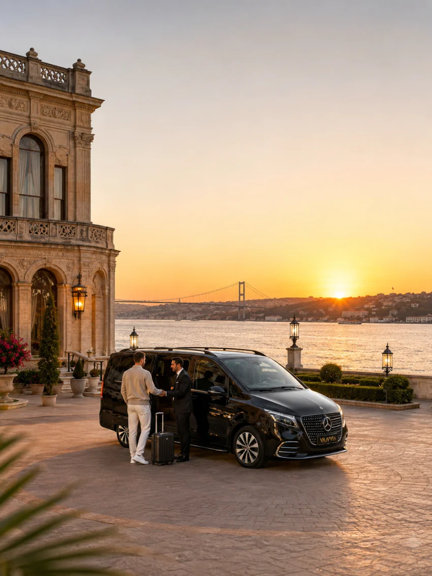 Ein Fahrer begrüßt bei Sonnenuntergang einen Gast vor einem palastartigen Hotel am Bosporus neben einem schwarzen Vanvia-VIP-Transferfahrzeug