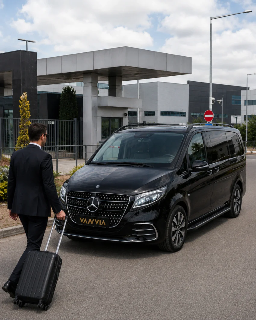 Rückansicht eines Passagiers, der mit Gepäck auf ein schwarzes Vanvia-VIP-Transferfahrzeug zugeht, das neben einer Schranke steht, im Hintergrund moderne Geschäftsgebäude
