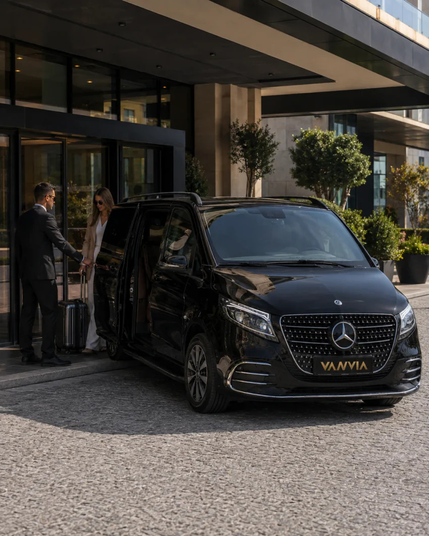 Вид спереди на чёрный VIP-автомобиль Vanvia у крытого козырька входа обобщённого отеля, швейцар придерживает дверь, пока гость выходит, а шофёр принимает чемодан