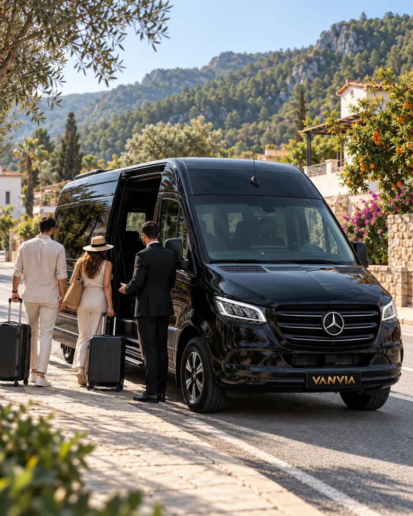 Çıralı'da bir portakal ağacı ve begonvillerin yanında, palmiyeler, beyaz evler ve çam kaplı bir dağın önündeki köy yolunun kenarında duran siyah Vanvia VIP transfer aracına binen yolcular; şoför açık yan kapının yanında bekliyor