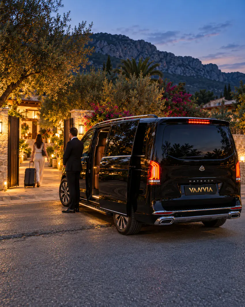 Çıralı'da alacakaranlıkta, fenerlerle aydınlatılmış açık kapıdan konaklama tesisine doğru bavulunu çeken misafir; şoför, genel yolda duran siyah Vanvia VIP transfer aracının yanında bekliyor